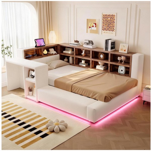 Flieks Daybett, Polsterbett 90x200cm mit Staufächer, LED & Aufladen, Beistelltisch
