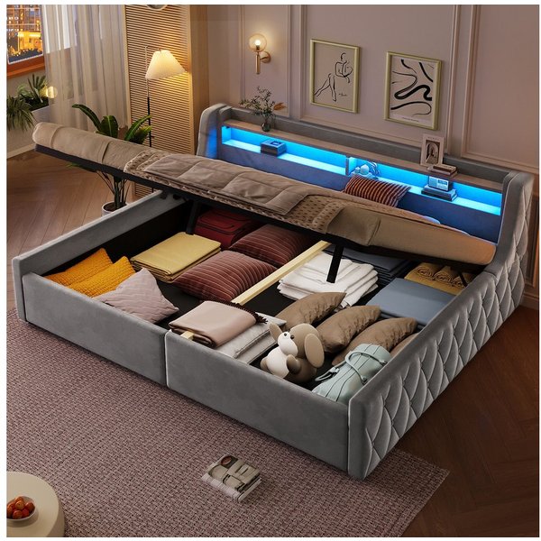Flieks Daybett, Polsterbett 140x200cm mit hydraulischem Stauraum & LED-Beleuchtung