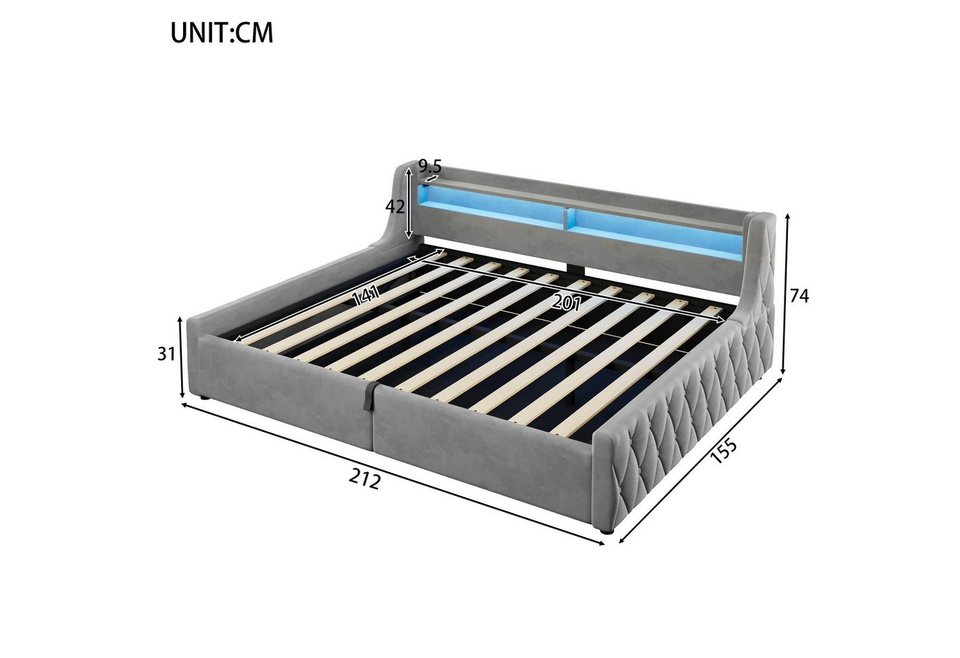 Flieks Daybett, Polsterbett 140x200cm mit hydraulischem Stauraum & LED-Beleuchtung – Bild 4 von 5