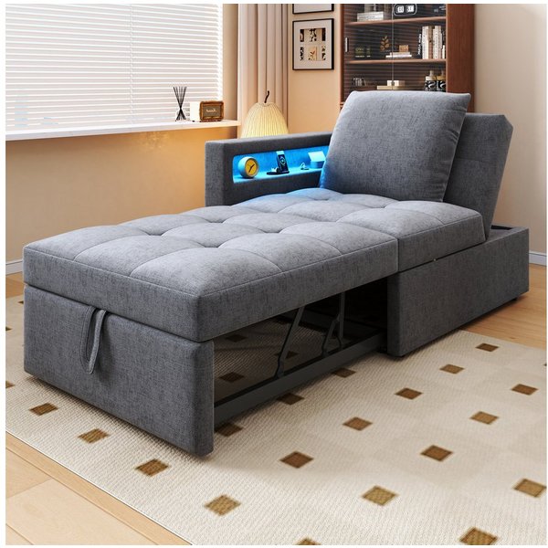 Flieks Daybett, Polsterbett Schlafsofa mit verstellbarer Rückenlehne LED USB/Typ-C