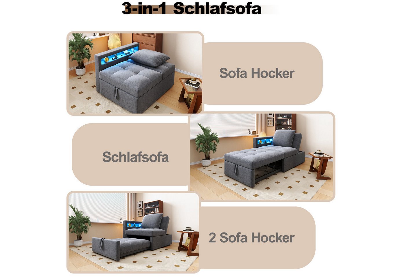 Flieks Daybett, Polsterbett Schlafsofa mit verstellbarer Rückenlehne LED USB/Typ-C – Bild 5 von 5