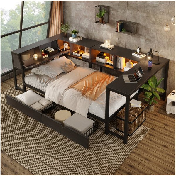 Flieks Daybett, Metallbett 90x200cm mit LED-Beleuchtung, Schreibtisch, Schubladen