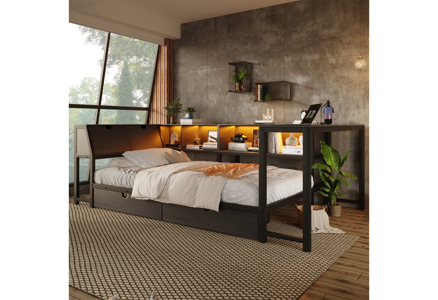 Flieks Daybett, Metallbett 90x200cm mit LED-Beleuchtung, Schreibtisch, Schubladen – Bild 2 von 5