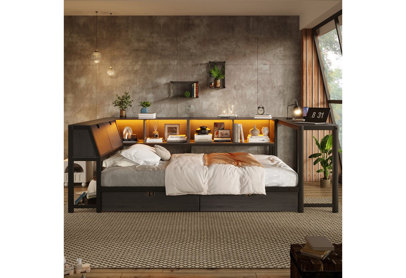 Flieks Daybett, Metallbett 90x200cm mit LED-Beleuchtung, Schreibtisch, Schubladen – Bild 3 von 5