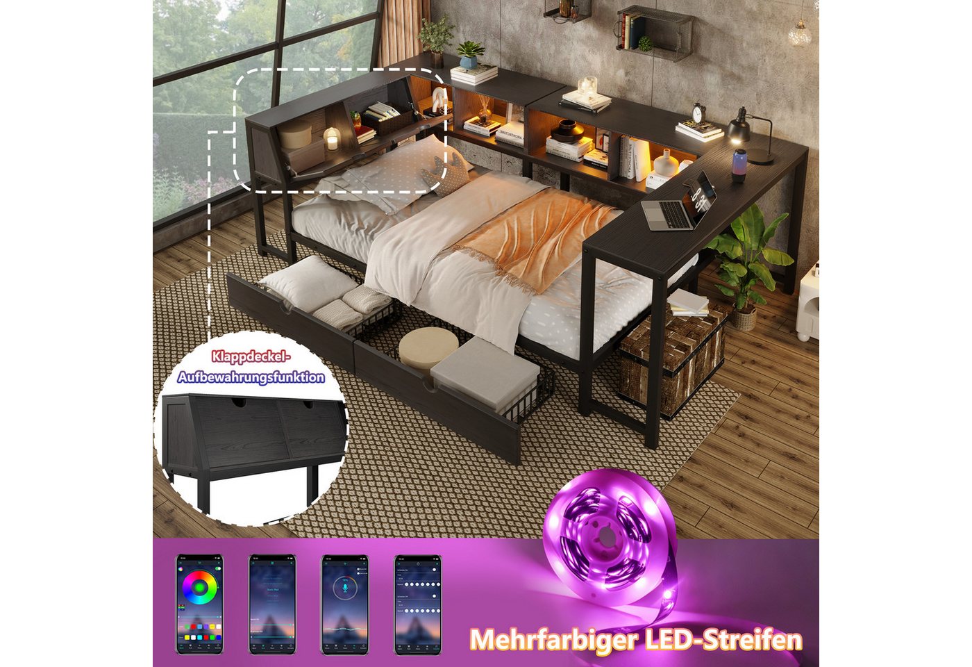 Flieks Daybett, Metallbett 90x200cm mit LED-Beleuchtung, Schreibtisch, Schubladen – Bild 4 von 5