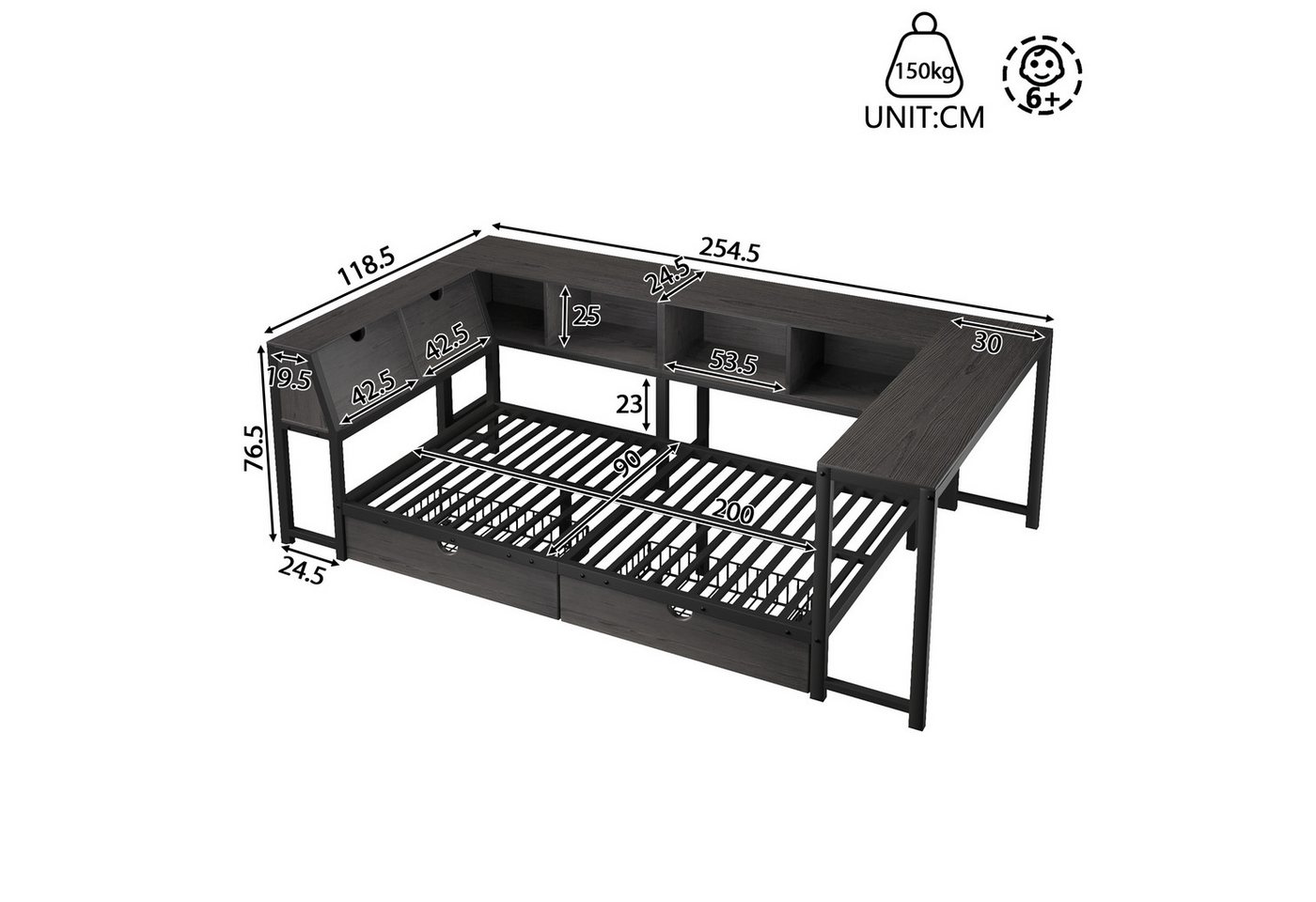 Flieks Daybett, Metallbett 90x200cm mit LED-Beleuchtung, Schreibtisch, Schubladen – Bild 5 von 5