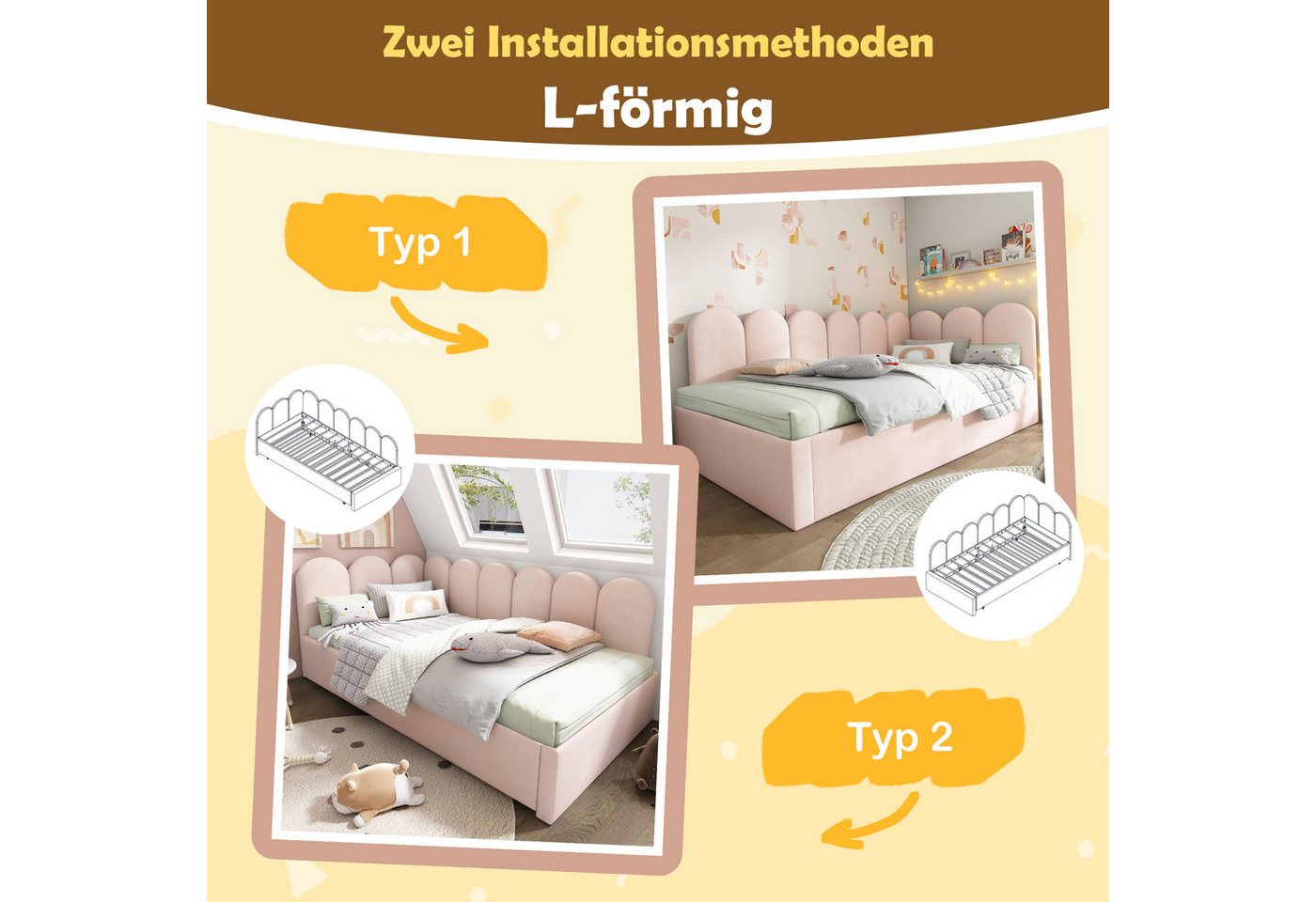 Flieks Daybett, Polsterbett Tagesbett Schlafsofa 90x200cm mit Ausziehbett 90x190cm – Bild 4 von 5