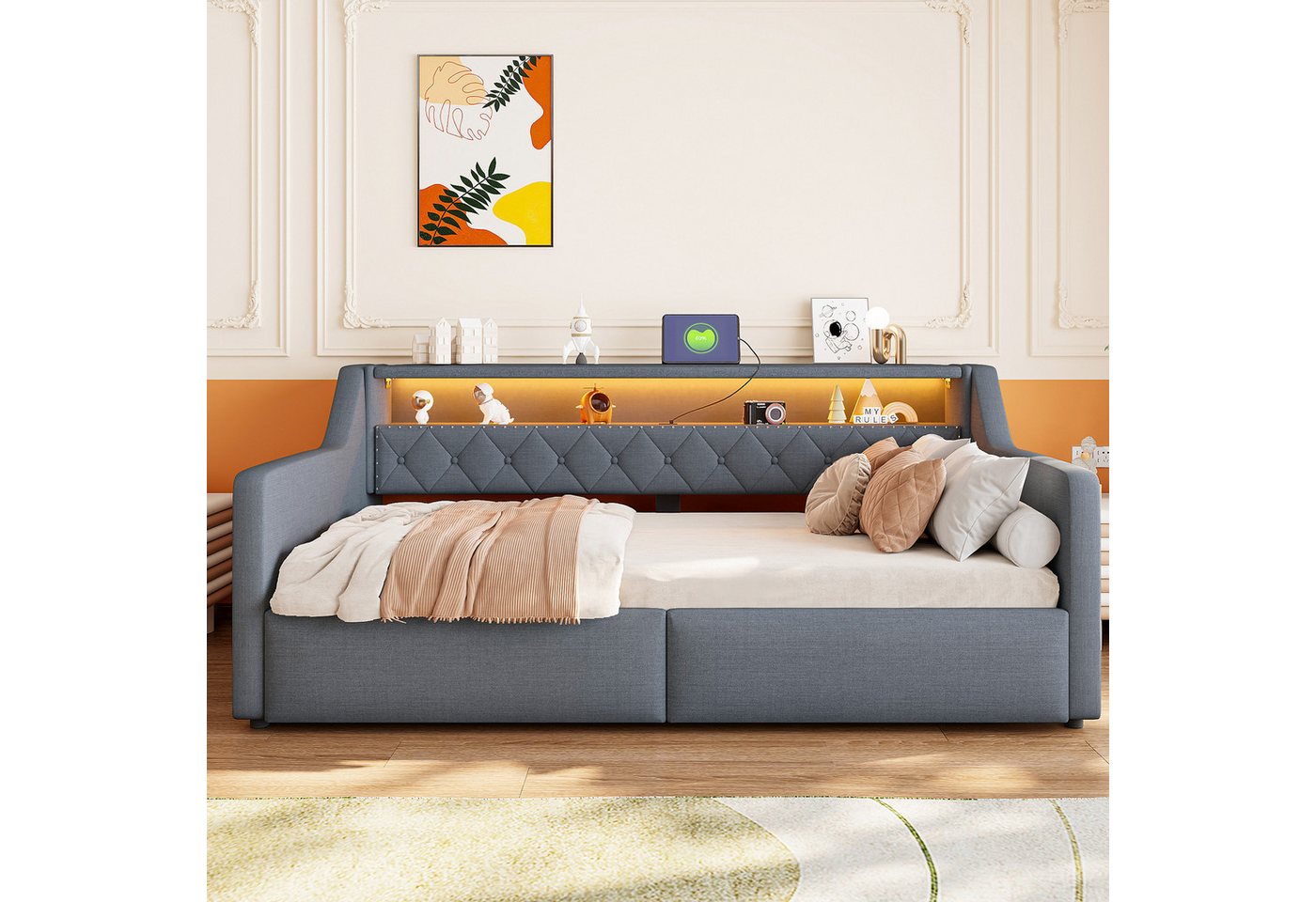 Flieks Daybett, Polsterbett 90×200cm mit LED-Lichtleiste, Hydraulik-Stauraum, Aufladen – Bild 3 von 5