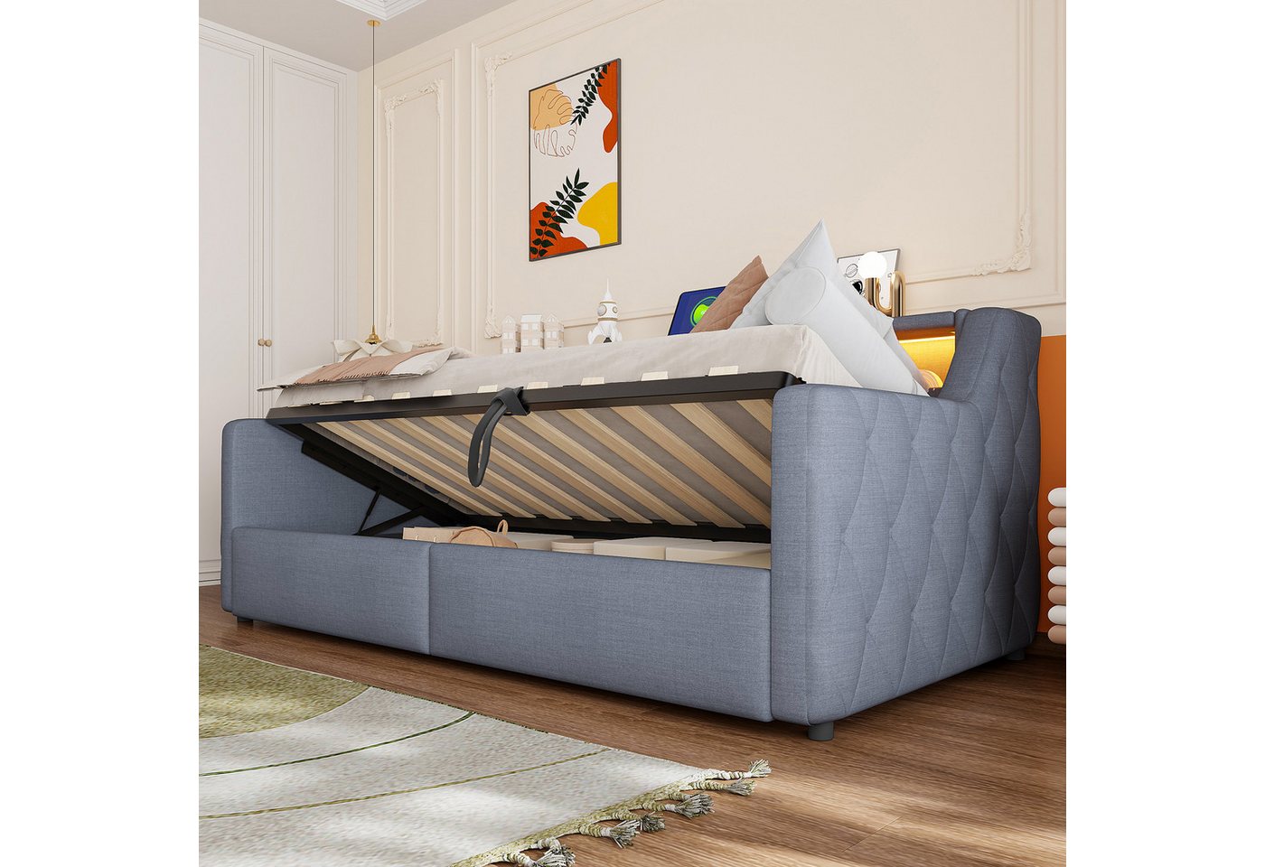 Flieks Daybett, Polsterbett 90×200cm mit LED-Lichtleiste, Hydraulik-Stauraum, Aufladen – Bild 4 von 5