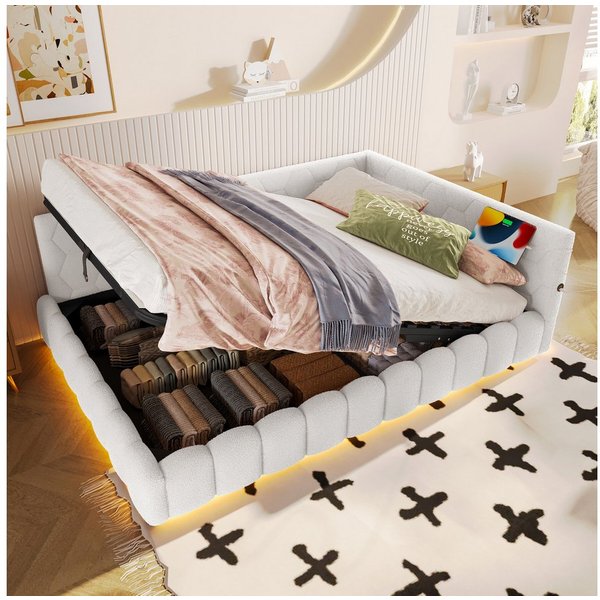 Flieks Daybett, Hydraulisches Polsterbett Tagesbett Schlafsofa 140x200cm mit USB Typ-C