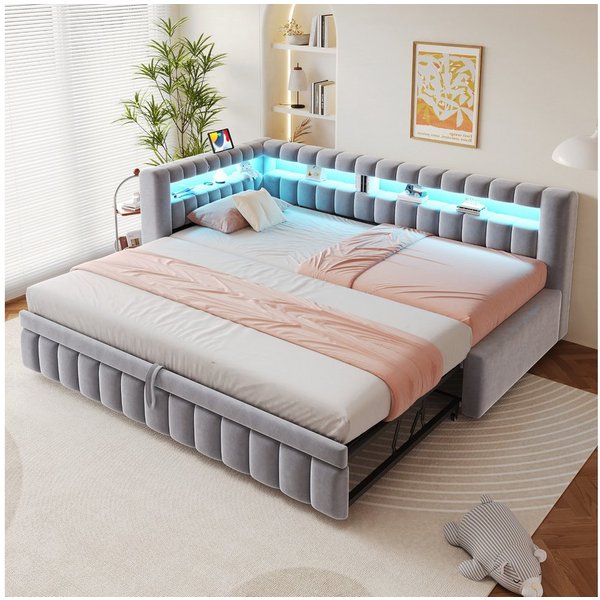 Flieks Daybett, Polsterbett Schlafsofa 90x200cm mit Ausziehbett 90x190cm, LED&Aufladen