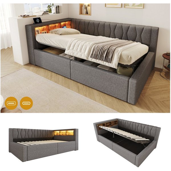 Flieks Daybett, Polsterbett Schlafsofa 90x200cm mit Hydraulik, LED-Leiste, Aufladen