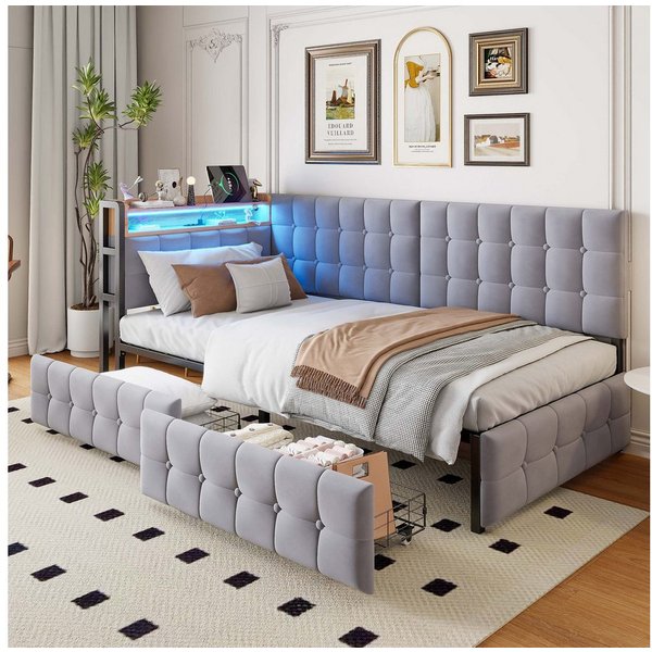 Flieks Daybett, Polsterbett Schlafsofa 90x200cm mit 2 Schubladen USB/Typ-C-Anschluss