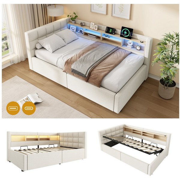 Flieks Daybett, Polsterbett Schlafsofa 90x200cm mit Hydraulik, LED-Leiste, Aufladen