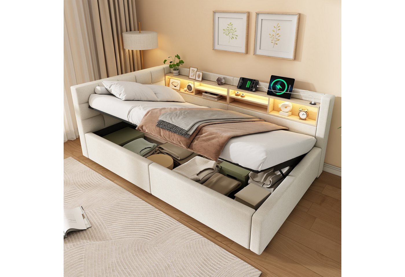 Flieks Daybett, Polsterbett Schlafsofa 90x200cm mit Hydraulik, LED-Leiste, Aufladen – Bild 2 von 5