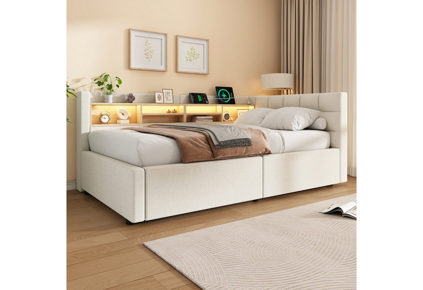 Flieks Daybett, Polsterbett Schlafsofa 90x200cm mit Hydraulik, LED-Leiste, Aufladen – Bild 3 von 5