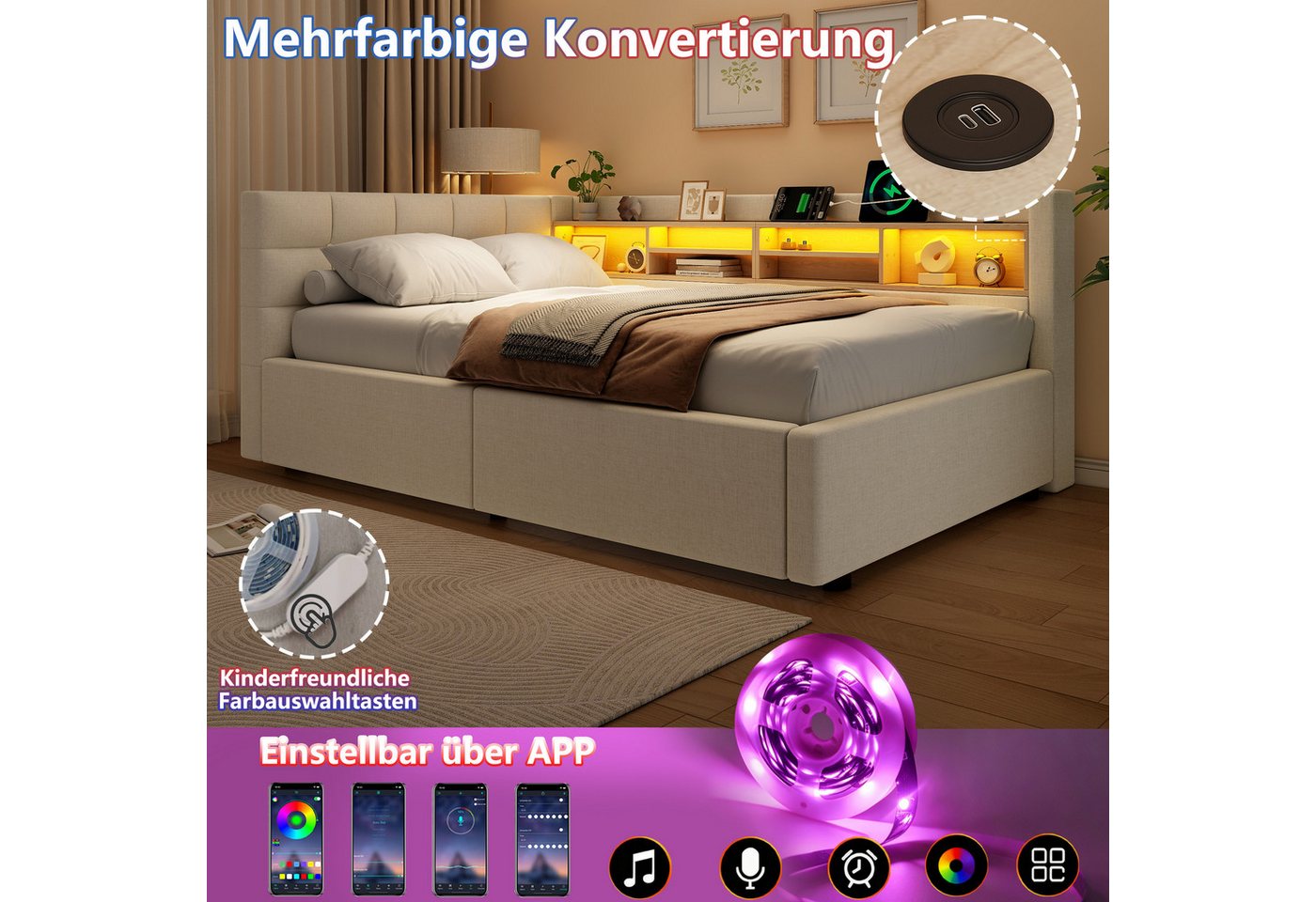 Flieks Daybett, Polsterbett Schlafsofa 90x200cm mit Hydraulik, LED-Leiste, Aufladen – Bild 4 von 5