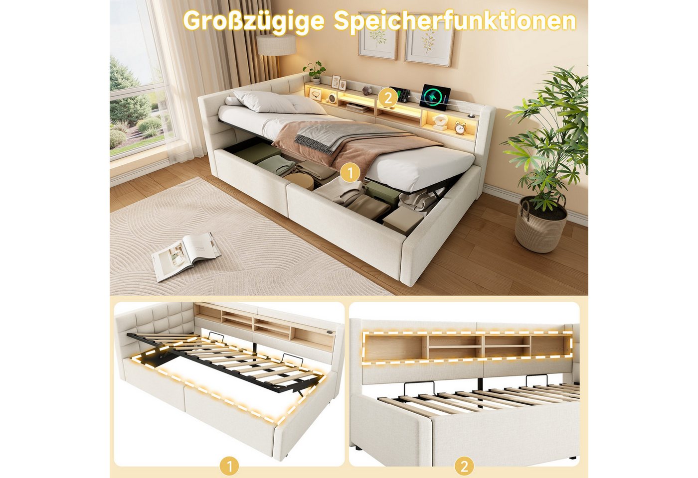 Flieks Daybett, Polsterbett Schlafsofa 90x200cm mit Hydraulik, LED-Leiste, Aufladen – Bild 5 von 5