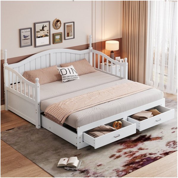 Flieks Daybett, Holzbett Kinderbett mit Ausziehbett 90/180x190cm 2 Schubladen