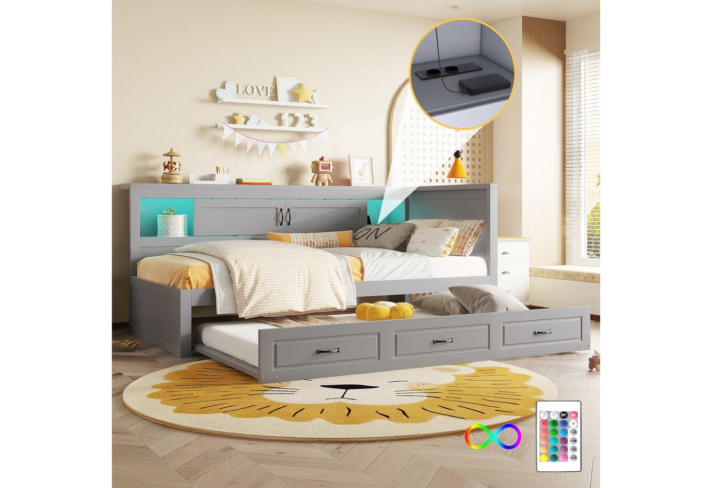 Flieks Daybett, LED Tagesbett Kinderbett 90x200cm, Ausziehbett 90x190cm, Ladenfunktion – Bild 2 von 5