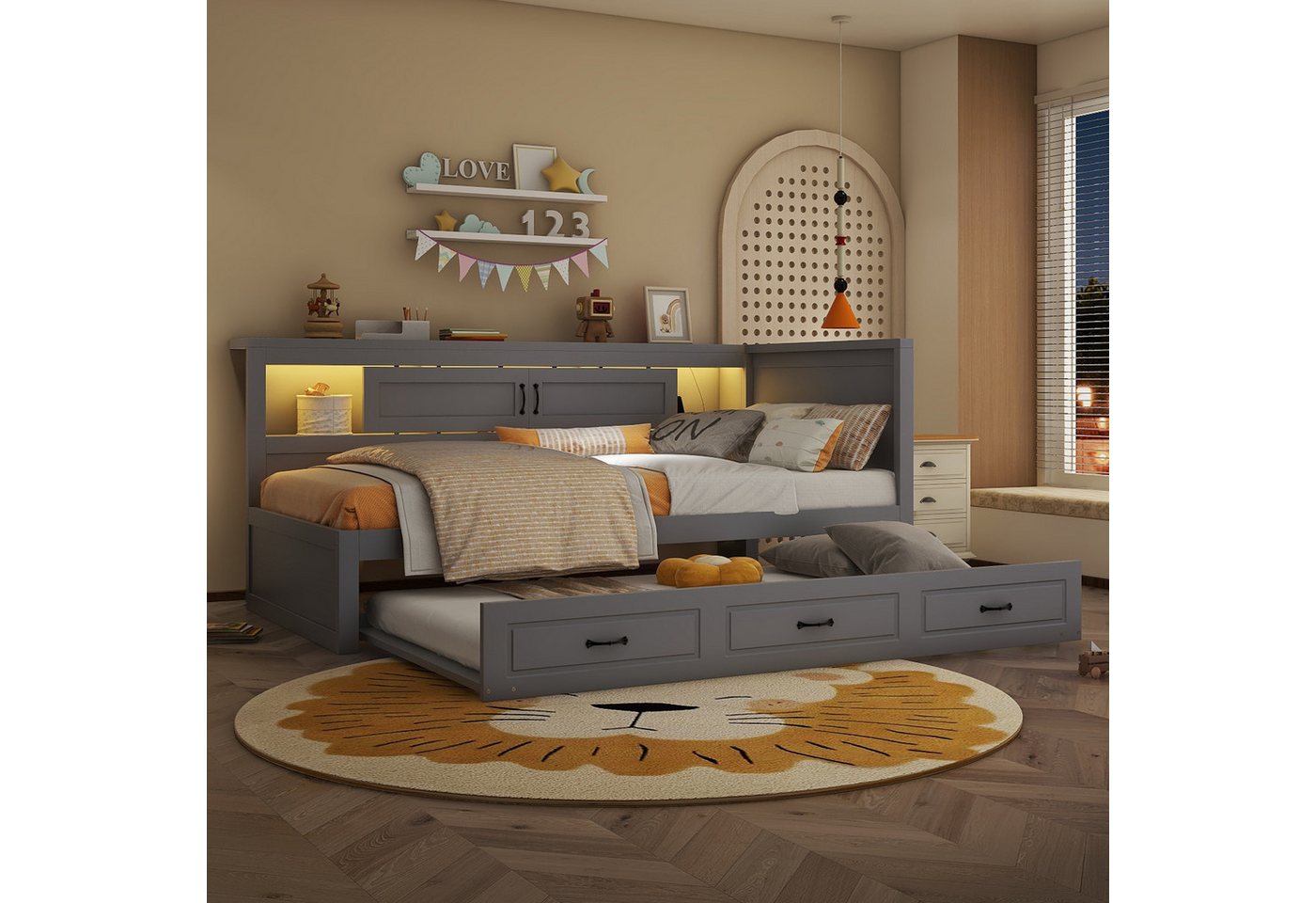 Flieks Daybett, LED Tagesbett Kinderbett 90x200cm, Ausziehbett 90x190cm, Ladenfunktion – Bild 4 von 5