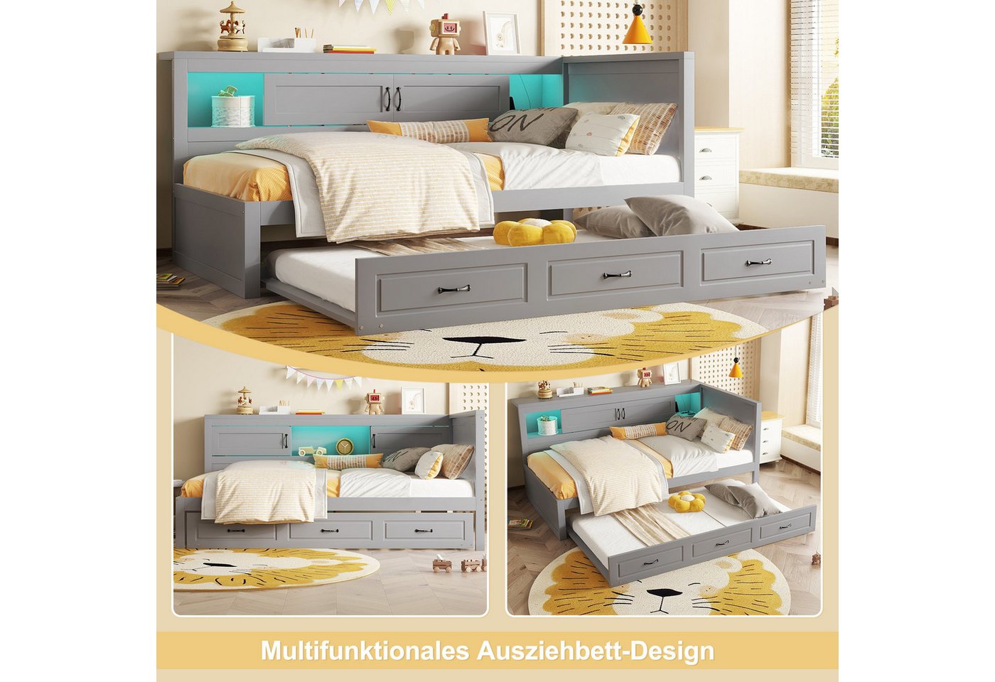 Flieks Daybett, LED Tagesbett Kinderbett 90x200cm, Ausziehbett 90x190cm, Ladenfunktion – Bild 5 von 5