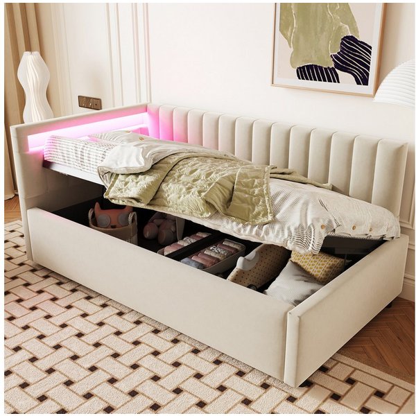 Flieks Daybett, Polsterbett Schlafsofa Einzelbett 90x200cm mit hydraulischem Stauraum