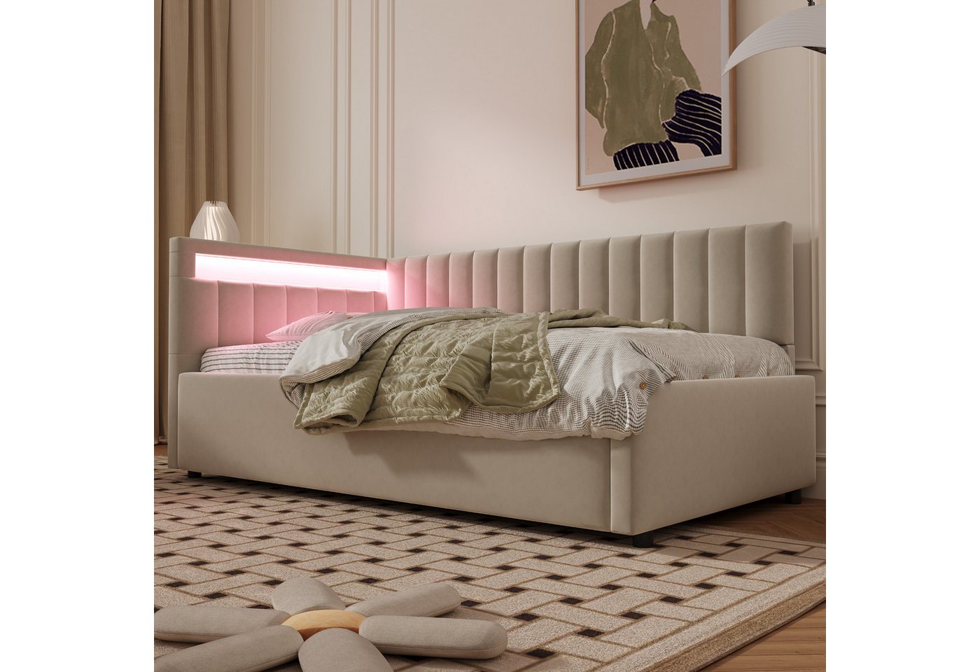 Flieks Daybett, Polsterbett Schlafsofa Einzelbett 90x200cm mit hydraulischem Stauraum – Bild 2 von 5