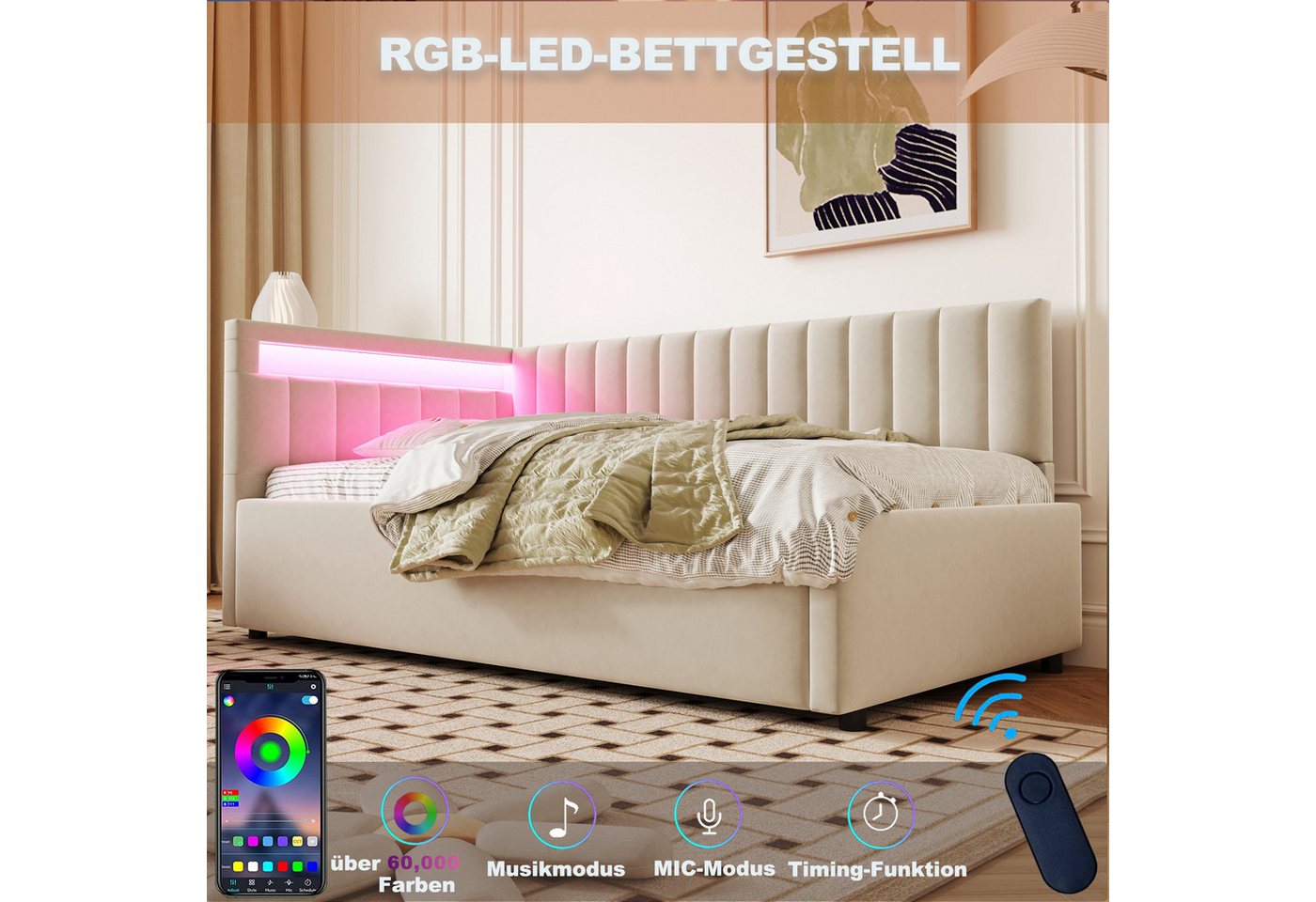 Flieks Daybett, Polsterbett Schlafsofa Einzelbett 90x200cm mit hydraulischem Stauraum – Bild 4 von 5