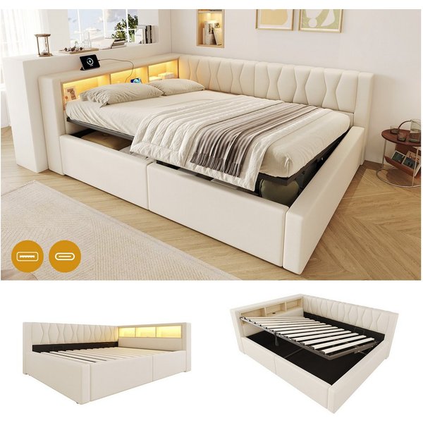 Flieks Daybett, Polsterbett Schlafsofa 140x200cm mit Hydraulik, LED-Leiste, Aufladen