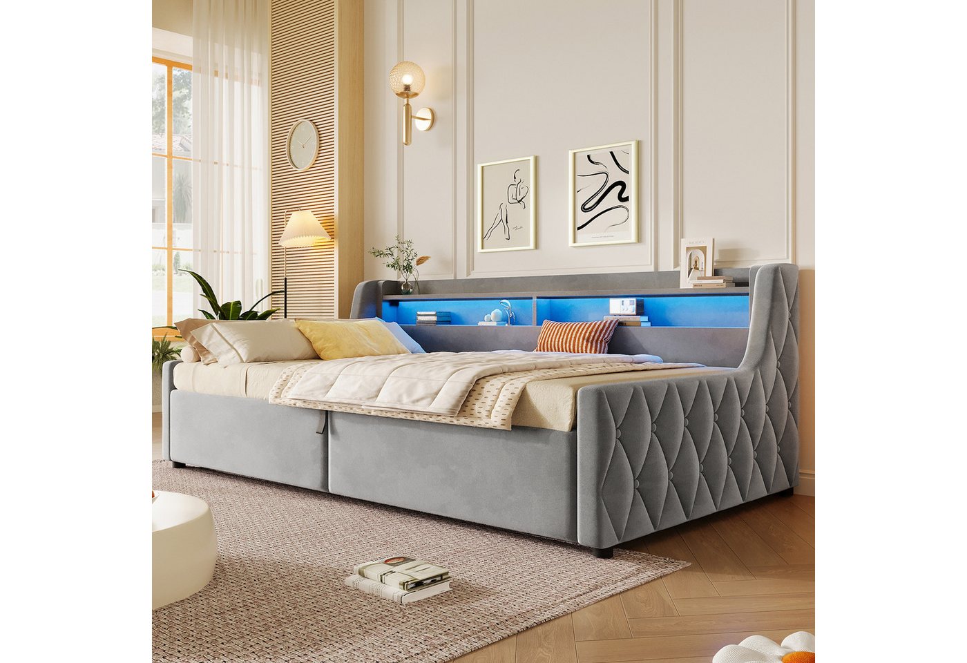 Flieks Daybett, Polsterbett 90x200cm mit hydraulischem Stauraum & LED-Beleuchtung – Bild 2 von 5