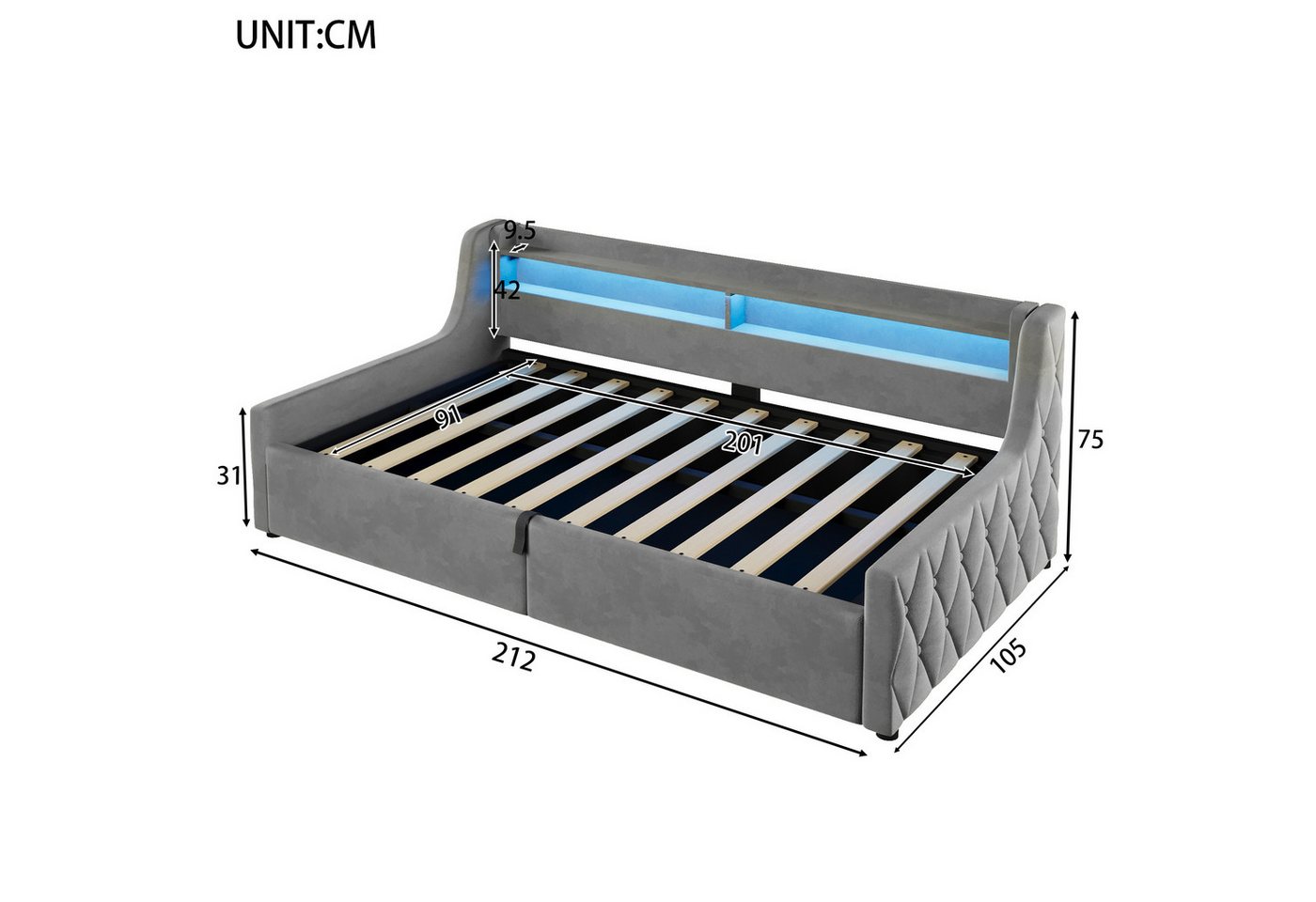 Flieks Daybett, Polsterbett 90x200cm mit hydraulischem Stauraum & LED-Beleuchtung – Bild 4 von 5
