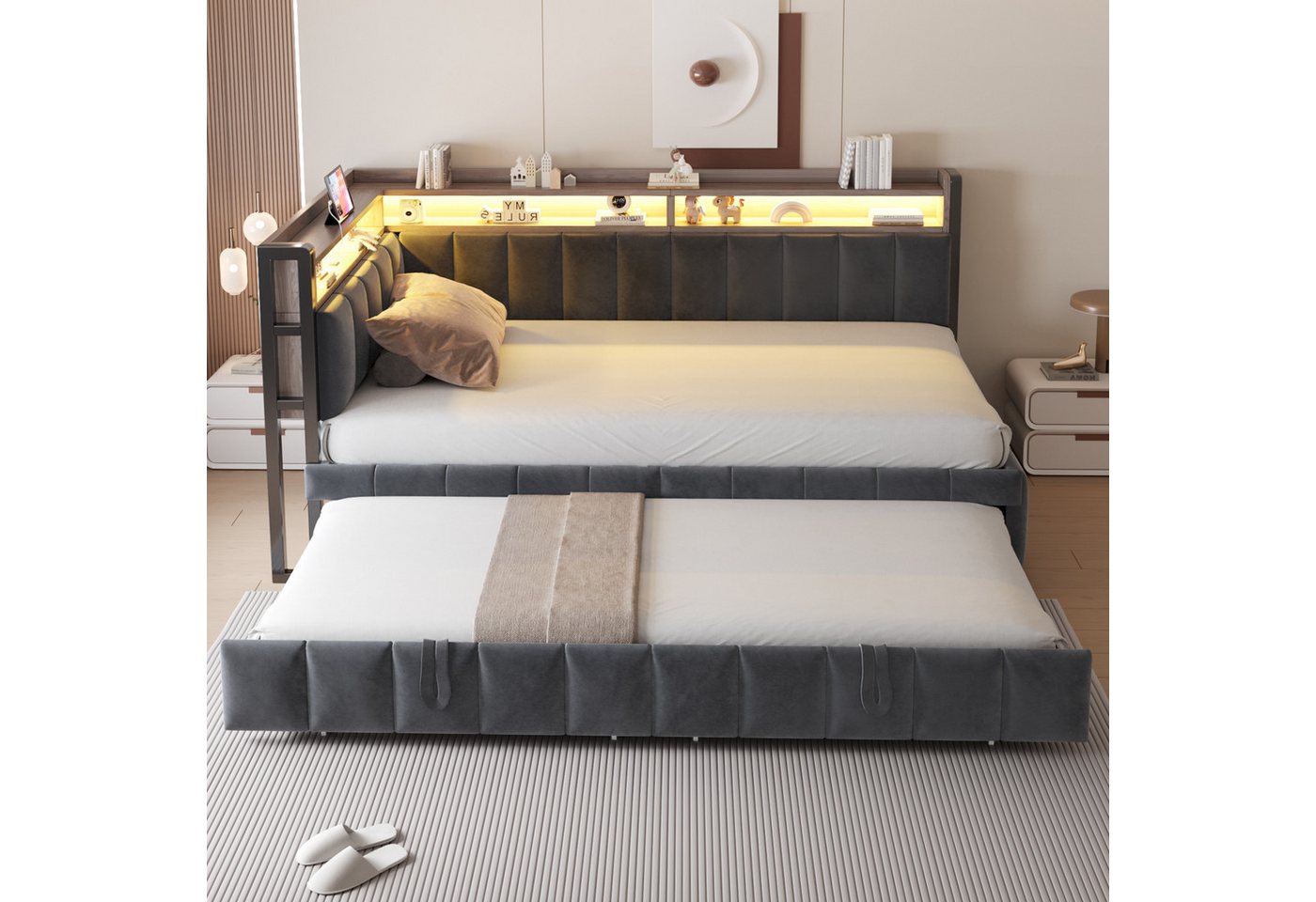 Flieks Daybett, LED Polsterbett Schlafsofa 90x200cm mit Aufladen, Ausziehbett 90x190cm – Bild 2 von 5