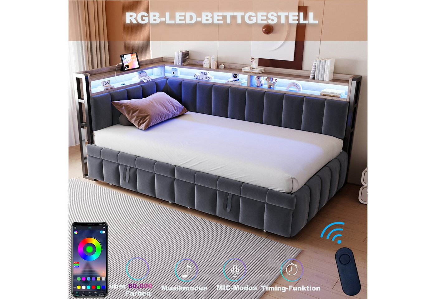 Flieks Daybett, LED Polsterbett Schlafsofa 90x200cm mit Aufladen, Ausziehbett 90x190cm – Bild 3 von 5