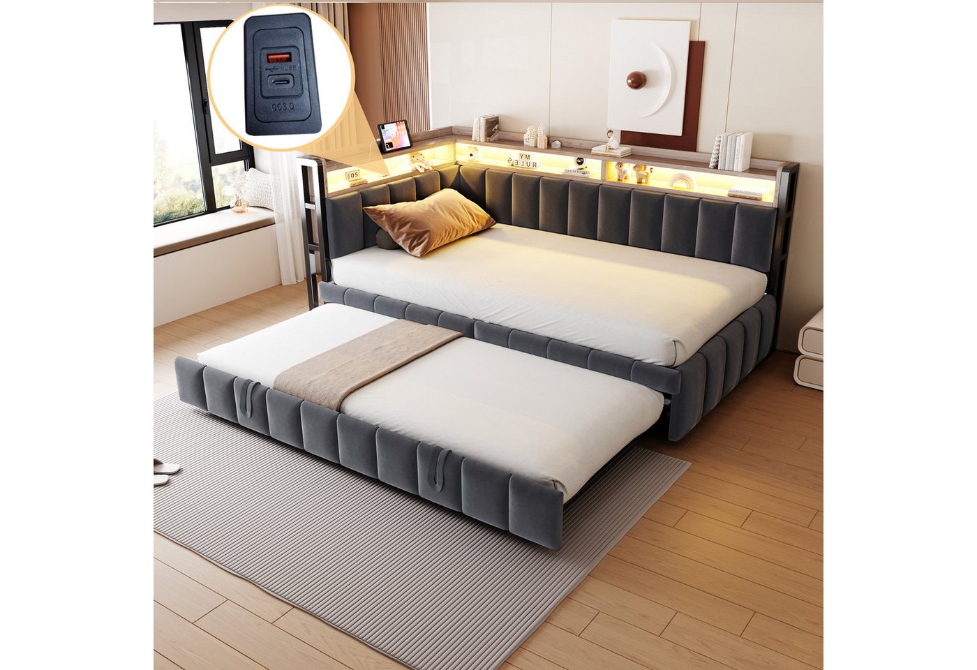 Flieks Daybett, LED Polsterbett Schlafsofa 90x200cm mit Aufladen, Ausziehbett 90x190cm – Bild 4 von 5
