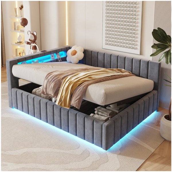 Flieks Daybett, Hydraulisches Polsterbett Schlafsofa 140x200cm mit LED und USB-Laden