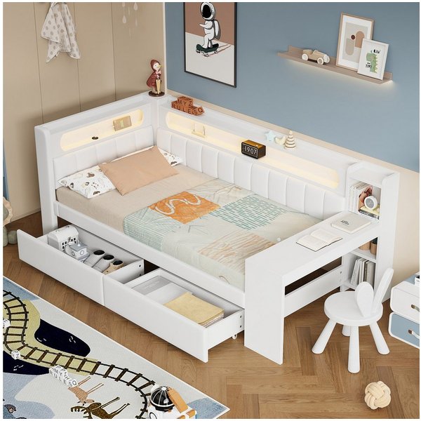 Flieks Daybett, Polsterbett 90x200cm mit 2 Schubladen, USB, LED und Schreibtisch