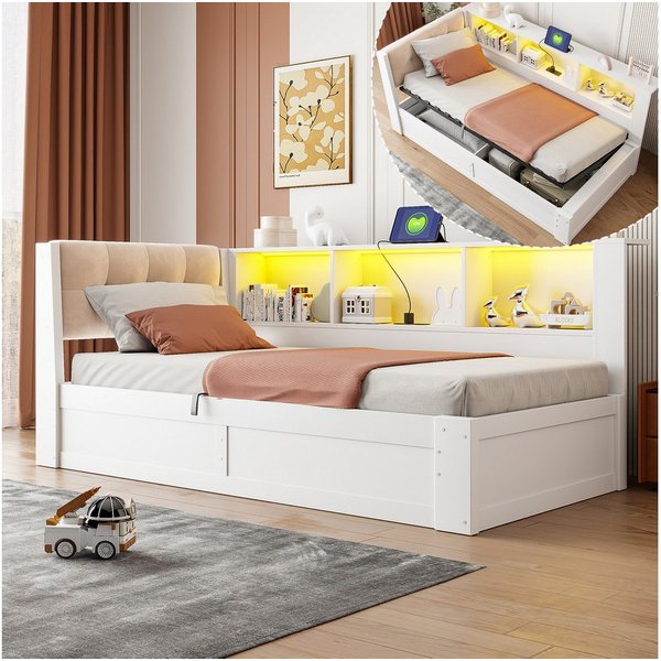 Flieks Daybett, Kinderbett 90x200cm mit Hydraulik-Stauraum LED-Leiste USB-Aufladen