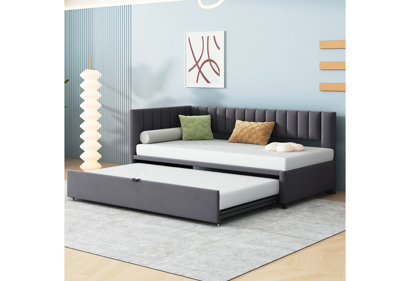 Flieks Daybett, L-förmiges Polsterbett Schlafsofa mit Ausziehbett 90x200cm/180x200cm – Bild 2 von 5