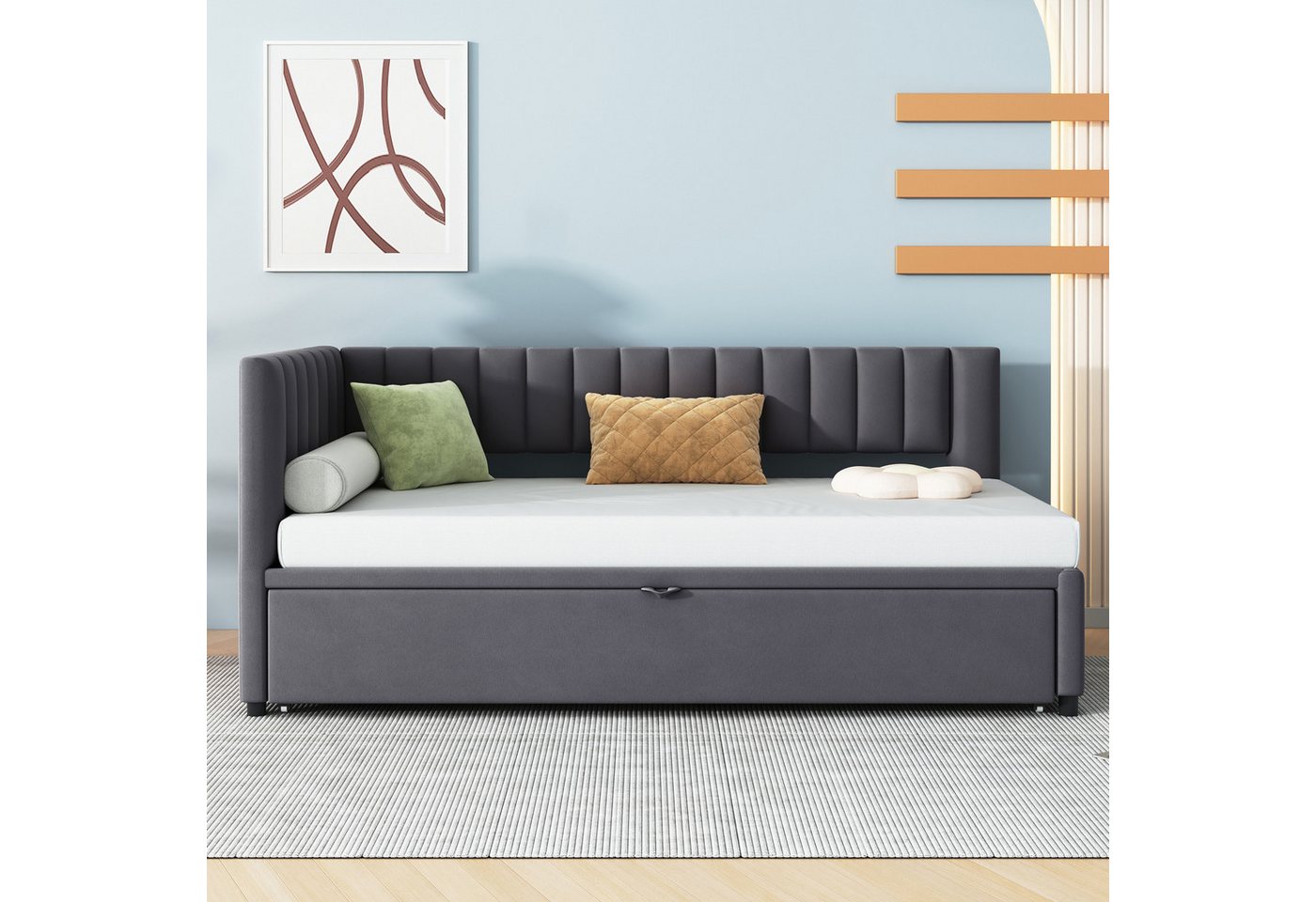 Flieks Daybett, L-förmiges Polsterbett Schlafsofa mit Ausziehbett 90x200cm/180x200cm – Bild 3 von 5