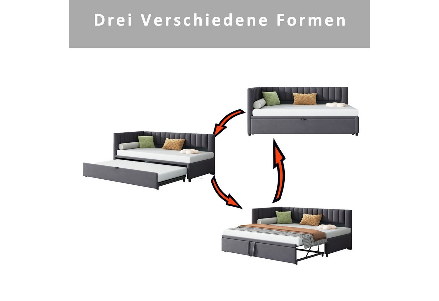 Flieks Daybett, L-förmiges Polsterbett Schlafsofa mit Ausziehbett 90x200cm/180x200cm – Bild 4 von 5