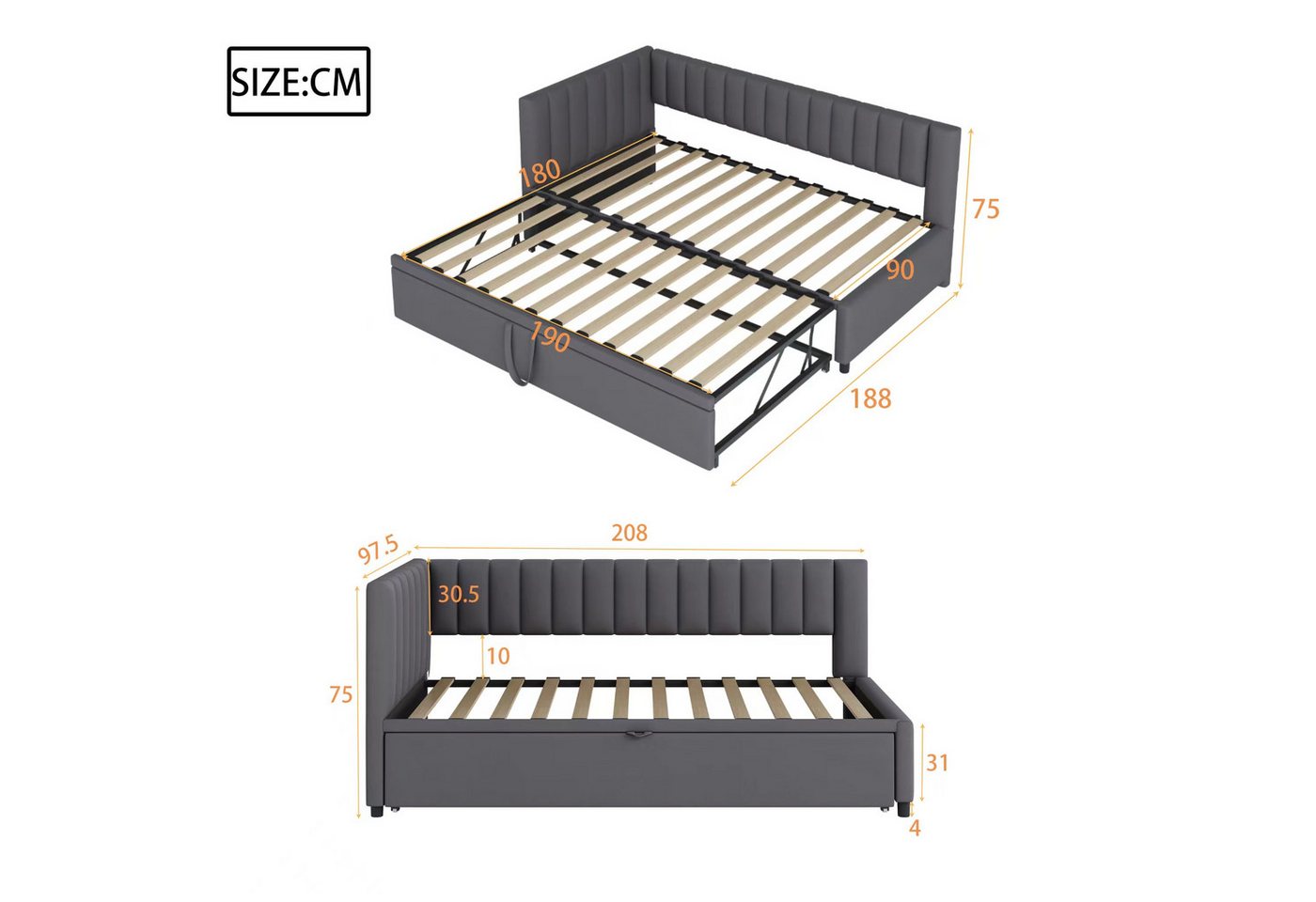 Flieks Daybett, L-förmiges Polsterbett Schlafsofa mit Ausziehbett 90x200cm/180x200cm – Bild 5 von 5