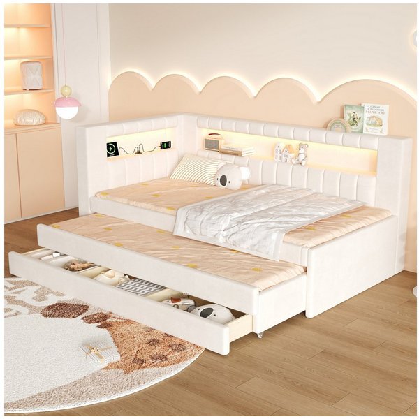 Flieks Daybett, Polsterbett 90x200cm mit Ausziehbett 90x190cm, Schubladen, USB & LED