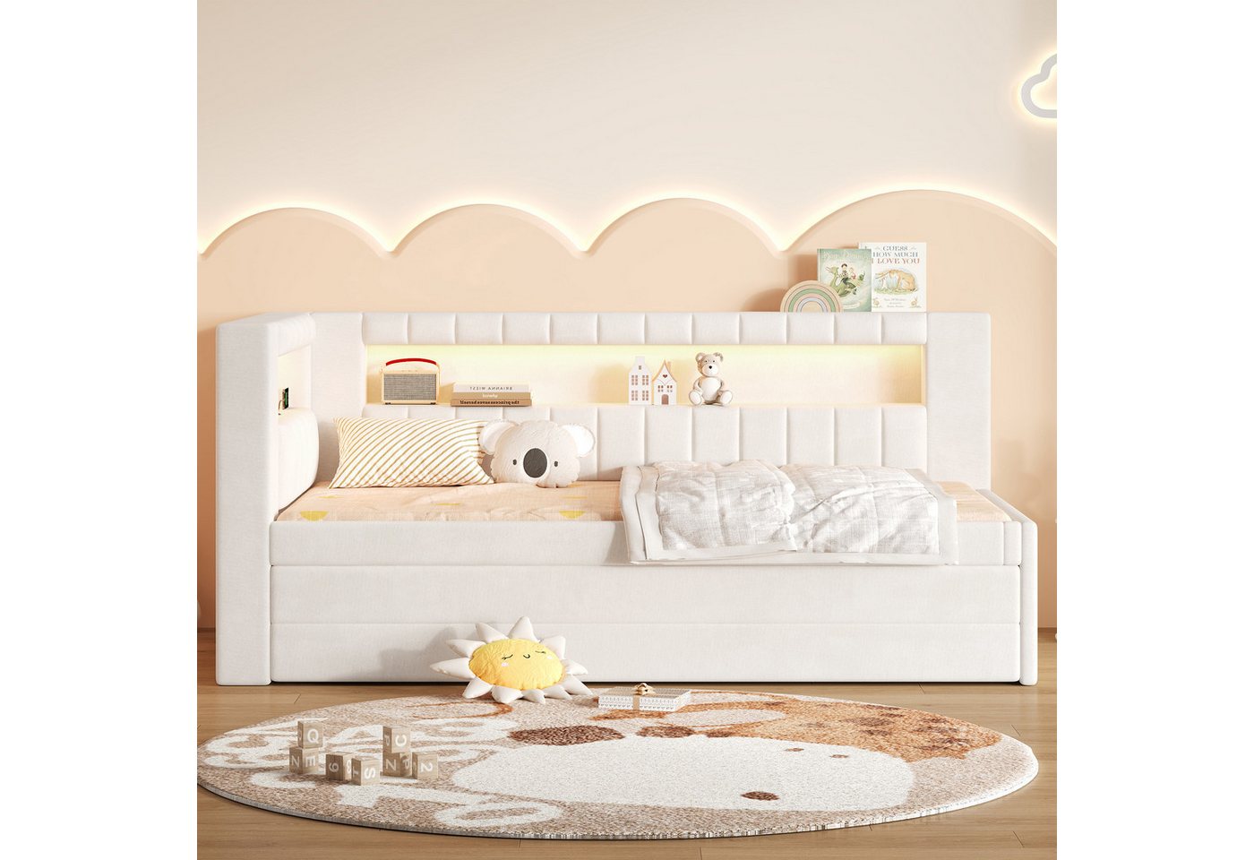 Flieks Daybett, Polsterbett 90x200cm mit Ausziehbett 90x190cm, Schubladen, USB & LED – Bild 2 von 5