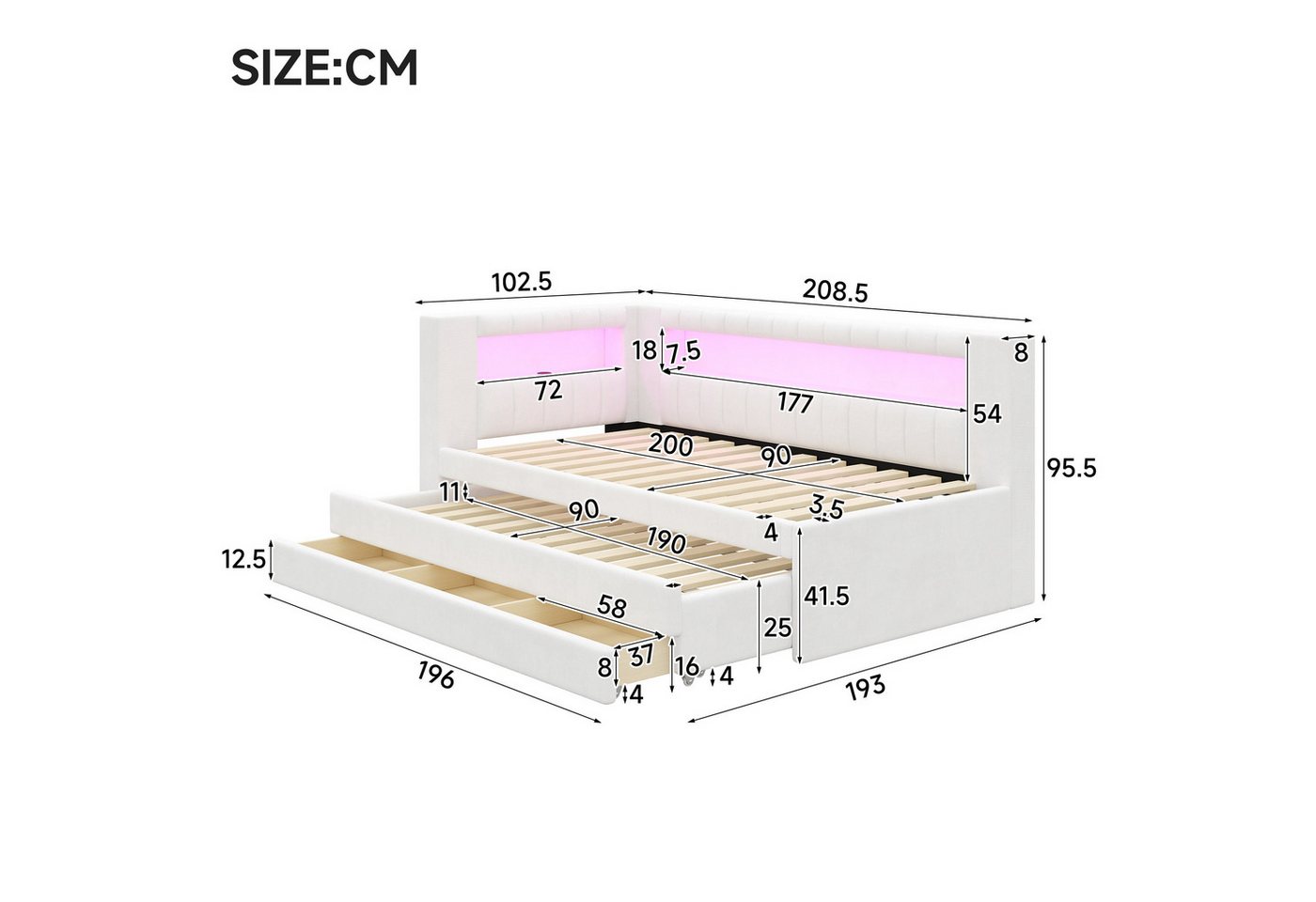 Flieks Daybett, Polsterbett 90x200cm mit Ausziehbett 90x190cm, Schubladen, USB & LED – Bild 3 von 5
