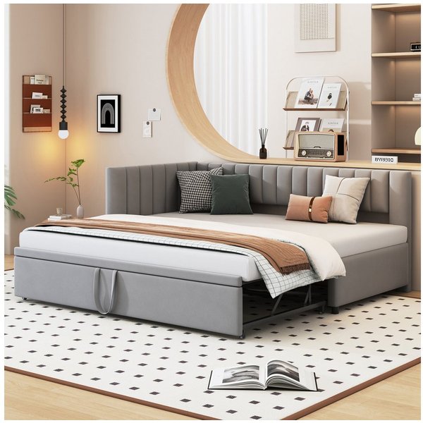 Flieks Daybett, L-förmiges Polsterbett Schlafsofa mit Ausziehbett 90x200cm/180x200cm
