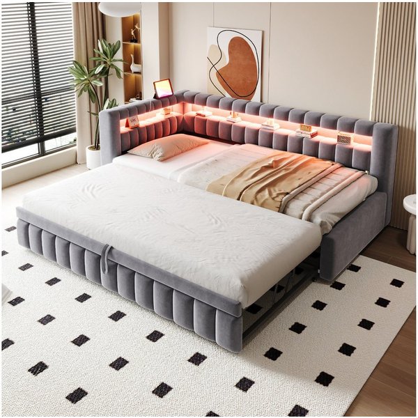 Flieks Daybett, Polsterbett Schlafsofa 90x200cm mit Ausziehbett 90x190cm, LED&Aufladen