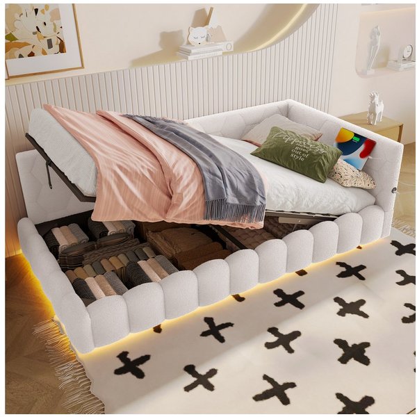 Flieks Daybett, Hydraulisches Polsterbett Tagesbett Schlafsofa 90x200cm mit USB, Typ-C