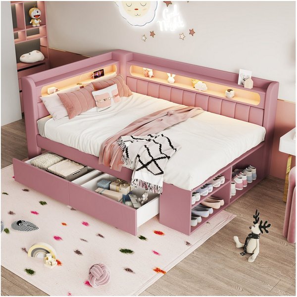 Flieks Daybett, Kinderbett 90x200cm mit Schuhschrank, 2 Schubladen, USB & LED