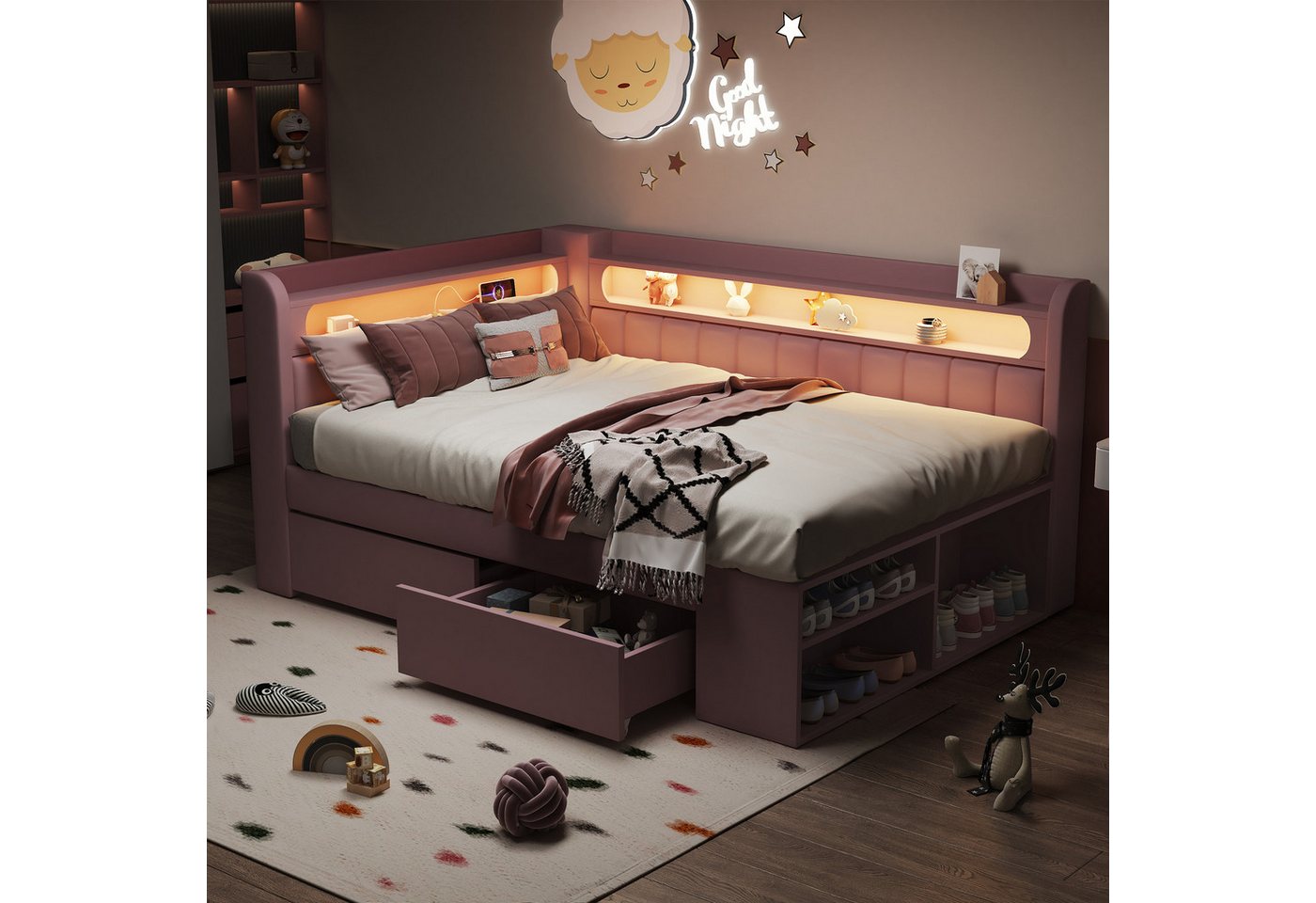 Flieks Daybett, Kinderbett 90x200cm mit Schuhschrank, 2 Schubladen, USB & LED – Bild 2 von 5